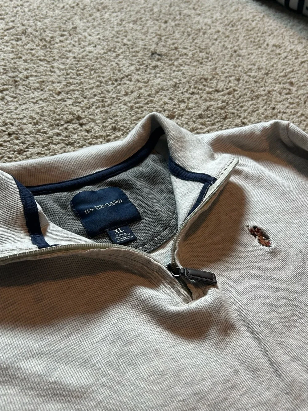 U.S. Polo Assn. Men's Cream Quarter-Zip Sweater with Navy Trim